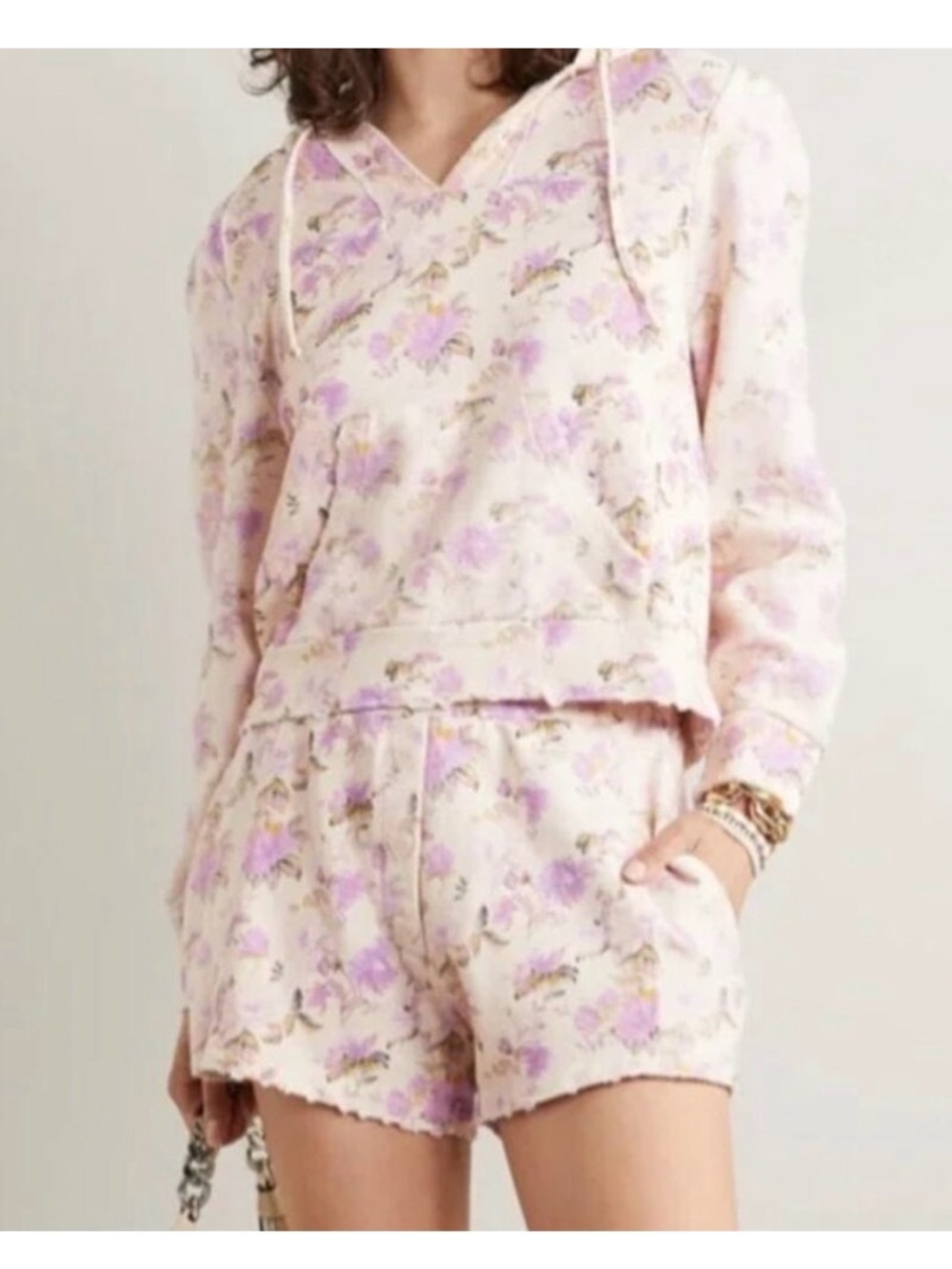 LoveShackFancy Renato Floral Print Shorts M Cotton Jersey Ultra Violet Clouds Sm - Picture 2 of 9